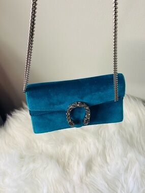 Gucci Dionysus Super Mini Teal Suede bag with Original Hardware.  Authentic.